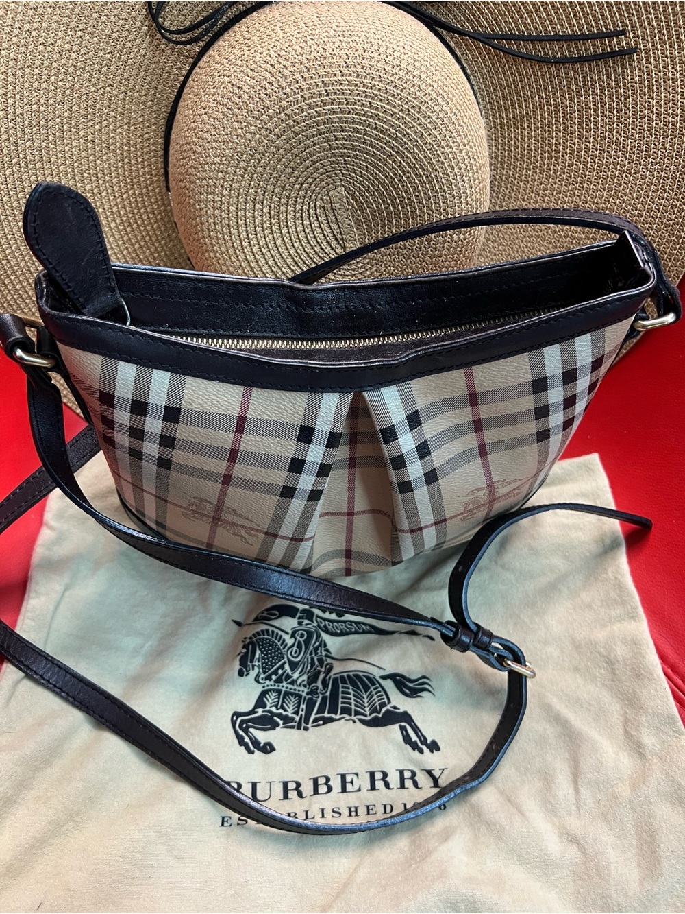 Burberry Tan Check Crossbody with Black Trim and Red Stripe - Picture 2 of 8